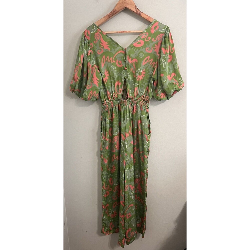NWOT CLEOBELLA Claire Green Satin Jumpsuit Sz S Abstract Print Short Sleeve - Picture 6 of 13